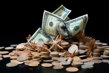 Symbolic Reflection of Holiday Expenses: Starfish, Seashell, and Moneyの素材