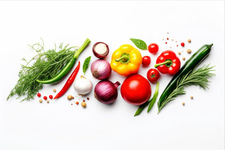 Vibrant Vegetable Medley: A Colorful Blend of Pepper, Onion, Cucumber, Tomato, Thyme, and Garlicの素材