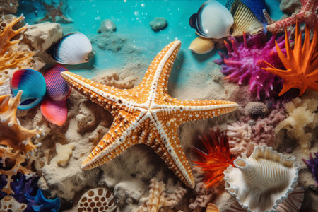 Unveiling the Seaside Treasures: Starfish, Shells, and a Snorkel Scuba Mask amidst a Weathered Canvasの素材