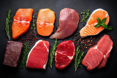 A tantalizing assortment of prime cuts: Raw veal, beef, pork, chicken, fish, and salmon steaks - A captivating top view on a sleek black stone backdropの素材