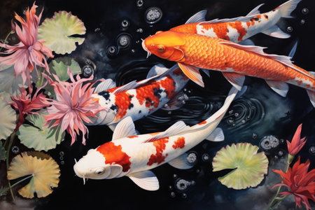 Captivating Serenity: A Visual Showcase of Multiple Koi Fish in a Tranquil Pondの素材