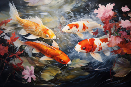 Serene Serenade: A Glimpse into a Pond of Several Koi Fishの素材