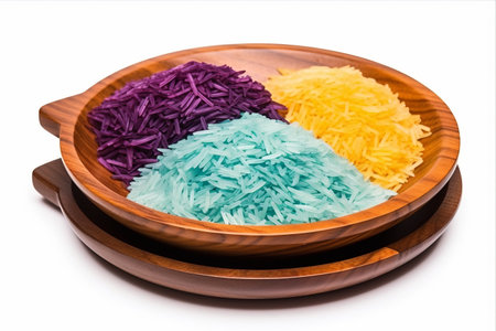 Vibrant Colored Rice Assembly: A Tempting Display on a Wooden Board, Enhanced by a Napkin, Isolated on a White Background (AR 3:2)の素材