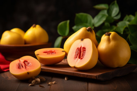 Vibrant Half of Fresh Quince Captured in Full Depth of Field on White Backgroundの素材