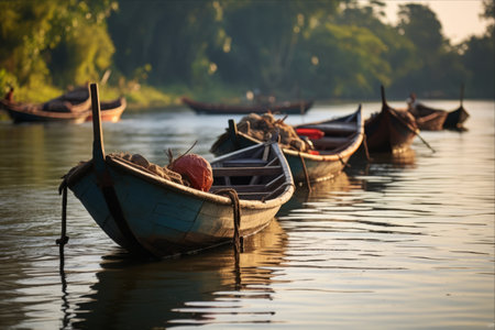 Tranquil Scene: Serene Small Fishing Boats Gracefully Strolling on the River - AR 3:2の素材