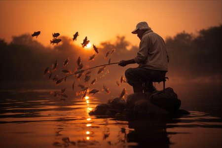 Capturing Nature's Serenity: A Fisherman's Breathtaking Sunset Catchの素材