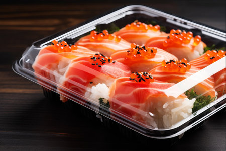 Conveniently Packaged Delicacies: A Close-Up on Sushi and Rolls in Plastic Boxesの素材