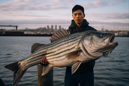Catching the Prize: A Fisherman Triumphantly Displays a Giant Striper in Boston Harborの素材
