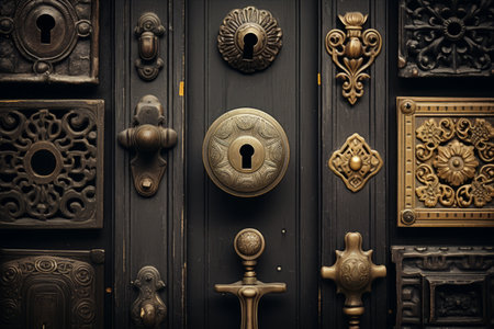 Exploring the Intricate Details: Antique Iron Doorknobs, Keyholes, Knockers, and Gong Handles in Building Decorの素材