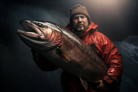 The Bountiful Catch: A Fisherman's Triumph with a Big Salmon Fishの素材