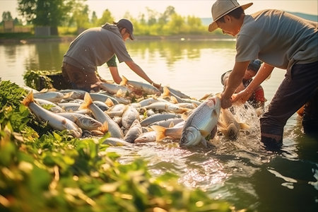 Freshwater Fisherman's Bounty: Sorting and Selling a Variety of Carp, Pike, Perch, and More from Breeding Pondsの素材