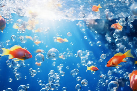 A Mesmerizing Dive: Fishes and Air Bubbles Dance in the Crystal Clear Depths of the Sea â An Abstract Underwater Spectacle in 3:2 ARの素材