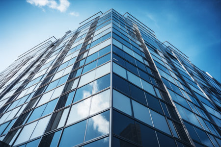 Blue Skies and Modern Architecture: Exploring the Exterior of a City Buildingの素材