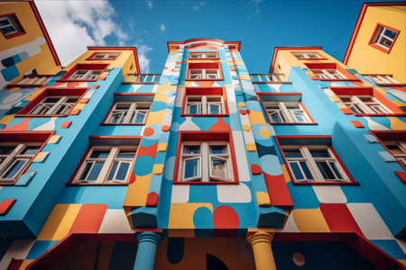 City's Vibrant and Intricate Geometric Building Unveiled from Below - Captivating Window Displays and Ornate Ornamentsの素材