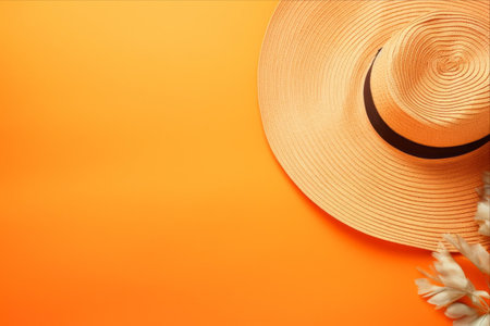 Beach Ready: Vibrant Orange Summertime Vibes with Straw Hat and Sunglasses - Top Viewの素材