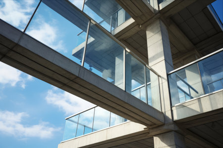 Exploring the Aesthetic Marvels of Contemporary Multistorey Buildings: A Captivating View from below the Concrete and Glass Elements with Columns and Panelsの素材