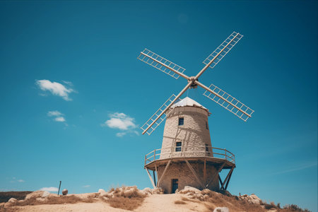 Captivating View: A Majestic Windmill Against the Azure Sky in Almatret, Spainの素材