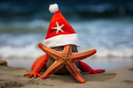 Christmas Under the Sea: A Festive Starfish wearing Santa Hat -ar 3:2の素材