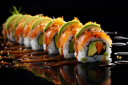 Eel, Salmon, and Avocado Sushi Roll: A Taste Sensation in a 3:2 Ratio!の素材