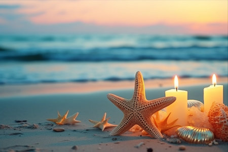 Golden Candlelit Starfish: A Beach Holiday Extravaganza for Birthdays, Christmas, and New Year in Hot Countriesの素材