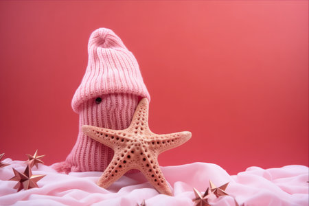 Festive Starfish: Embracing the Christmas Spirit with a Hat and Scarf on a Pink Backgroundの素材