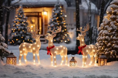 Glowing Deer Figures: Enchanting Outdoor Christmas Decorations in a Snowy Yardの素材