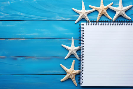 Under the Ocean's Blank Canvas: Starfishes and Empty Notebook Paper Unite on Blue Wooden Backgroundの素材