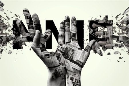 Breaking News: Gamma-Powered Human Arms Hold Word Letters in Composite Collage Illustrationの素材