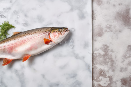 Culinary Inspiration: Raw Cutthroat Trout Fish as the Centerpiece on a Light Grey Marble Table, Perfect for Adding Captivating Text