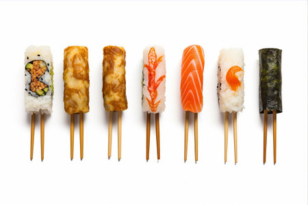 Savoring the Exquisite Delights: A Horizontal Glimpse of an Isolated Sushi Set with Chopsticksの素材