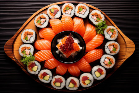 Delicious Sushi Delight: A Tempting Sushi Set Arranged Beautifully on a Wooden Plateの素材