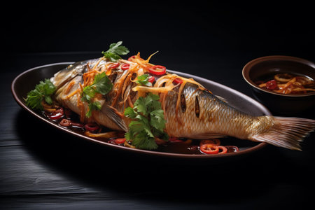 Exquisite Presentation: Steamed Dragon Tiger Grouper Fish with Preserved Turnip, Served in a Dish, Side View, against a Dark Backgroundの素材
