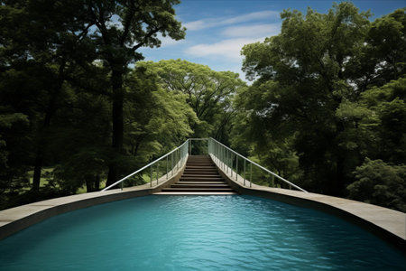 The Perfect Summer Escape: Exploring the Serene Waters of a Swimming Pool and River [3:2 Aspect Ratio]の素材