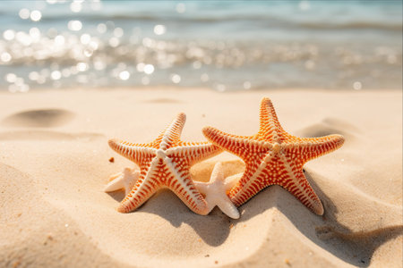 Captivating Coastal Beauty: Starfishes Adorning Sandy Shoreline in a 3:2 Frameの素材