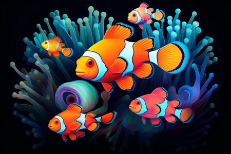 A Pop of Color in a Sea of Standard: A Flock of Clownfish with a Vibrant Surprise --ar 3:2の素材