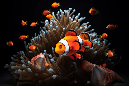 The Dazzling Odd One Out: A Flock of Standard Clownfish and One Colorful Delight --ar 3:2の素材