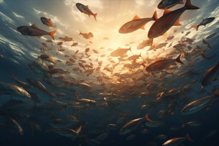 Enchanting Underwater Ballet: Flocks of Fish Gracefully Dance in the Seaの素材