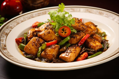 Savory Stir-Fried Fish: A Culinary Delight in Black Pepper Sauce Cocooned on a Dishの素材