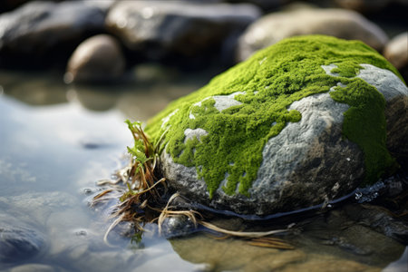 Mystical Coastal Scene: Waves Crashing Against Stone Background Covered in Lush Green Mossの素材