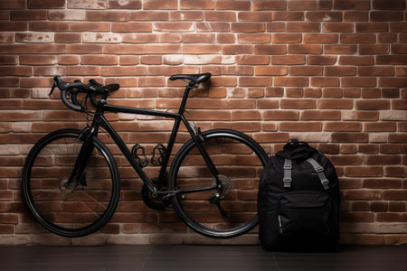 Brick Wall Backdrop: A Diverse Collection of Cycling Accessories on a Black Tableの素材