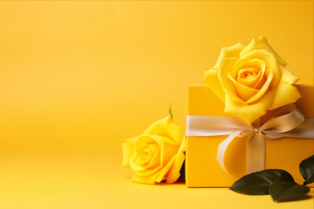 Unwrap Joy: Vibrant Gift Box on Yellow Background with Ample Copy Space (Aspect Ratio of 3:2)の素材