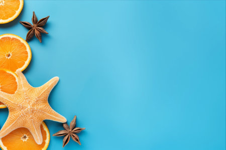 Refreshing Summertime Vibes: Orange Delights and Starfish on a Breezy Blue Backgroundの素材