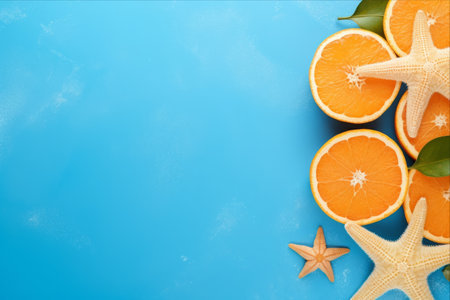 Citrus Splash: Vibrant Orange Fruit and Starfish Set against a Tranquil Blue Paper Background for a Summery Flat Lay Delightの素材
