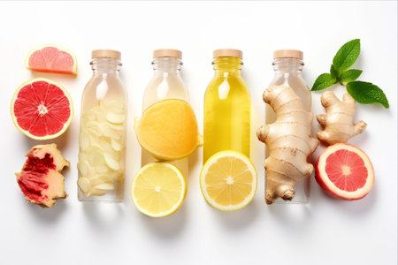 Refreshing Ginger Shot Bottles and Fresh Fruits: A Visual Delight for Healthy Eating and Immunity Boostingの素材