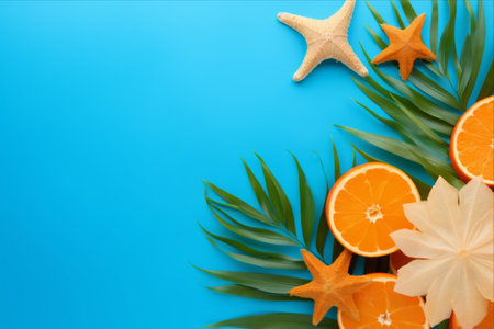 Tropical Paradise: Refreshing Orange Fruit, Playful Starfish, and Lush Palm Leaves on a Serene Blue Paper Backgroundの素材
