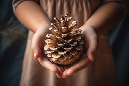 Silent Festive Beauty: A Close-Up of Hands Holding a Christmas Tree Cone in a World of Darknessの素材