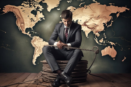Bound by Global Challenges: An Abstract Digital Composite of a Businessman Struggling Amidst a Complex World Mapの素材