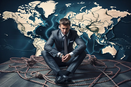 Global Struggles: A Businessman Bound by Rope in World Mapの素材