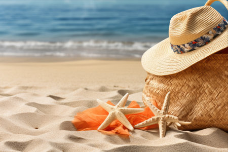Beach Essentials: Straw Bag, Flip Flops, Starfish, and Sunscreen in Mesmerizing AR 3:2 Captureの素材