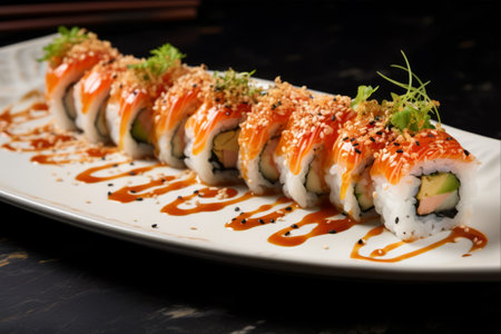 Delighting Your Palate: Exquisite Seafood Sushi Presentation on White Plate - AR 3:2の素材